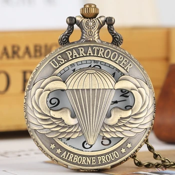 Estados UNIDOS Paracaidista Patrón Hueco de Bronce del Reloj de Bolsillo de Cuarzo Retro Colgante de Collar de Reloj de Recuerdos Reloj Dones a los Hombres de las Mujeres