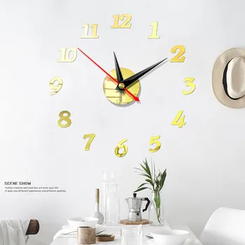 Moderno Gran Reloj de Pared 3D de la etiqueta Engomada del Espejo Único Gran Número de relojes de Bricolaje, Decoración Reloj de Pared de Arte de la etiqueta Engomada de la Calcomanía de la Casa Moderna Decoración
