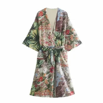 EOICIOI Za de Verano de la Impresión del Vintage Kimono las Mujeres Blusa Larga Túnica Mujer Cardigan Playa Kimono Camisetas de cinta Elegante Arco de la parte Superior de las Blusas