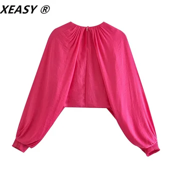 XEASY Mujeres 2021 Moda el Rojo de la Rosa de Hojaldre Blusas de Manga Larga de Cuello Redondo de Corta Camisetas Vintage Irregular Apretada Camiseta Tops Mujer
