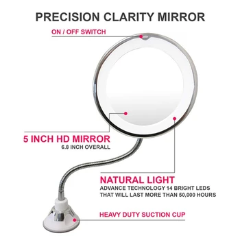 Espejo de maquillaje con Luz Led Flexible de Aumento 10X Cosmética Espejos de Vanidad X7XA