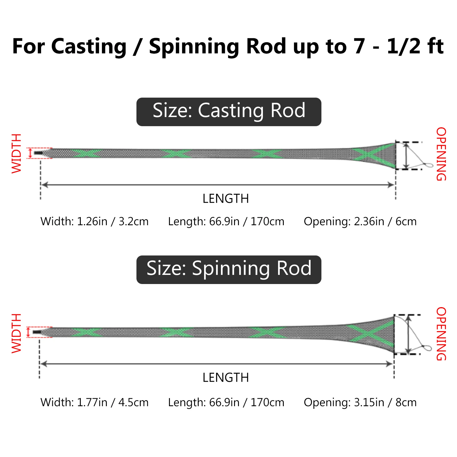 Bassdash Casting Spinning caña de pescar mangas de protección para caña de pescar calcetines para caña de pescar hasta 7-1/2 pies