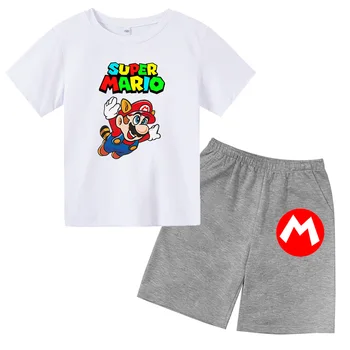 Ropa de verano para adolescentes Chica T-camisa de traje Lindo de dibujos animados de Mario Bros de Impresión T-shirt Ropa Transpirable 4-14T Top + pantalones cortos