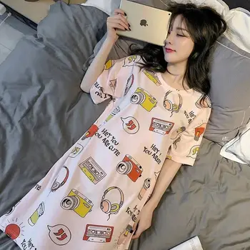 Gran Tamaño de las Mujeres de Verano de corea Pijama Suelto Lindo de dibujos animados ropa de Dormir Camisón Damas de manga Corta de Dormir Vestido Largo