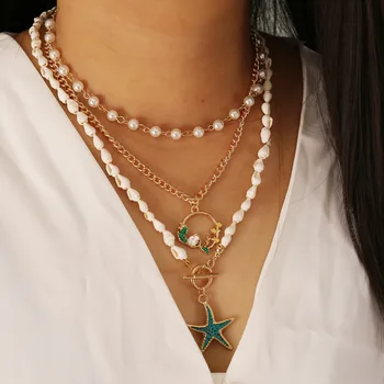 Imitación de Perlas de Concha Collar de Cadena de las Mujeres Starfish Colgante Capas de Collares de Mujer de Color Oro 2020 la Joyería de la Moda de Nueva