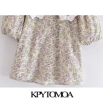 KPYTOMOA Mujeres 2021 Moda Hueco Bordado Floral de Impresión Blusas Vintage Puff Manga Botón arriba Femenino Camisetas Chic Tops