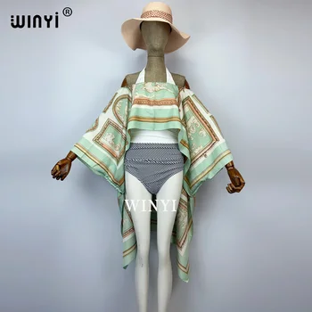 2021 WINYI creativo de dos piezas, chaqueta y pantalones de verano de impresión de gran tamaño murciélago mangas de las mujeres del tramo de sarga de seda de la longitud del piso