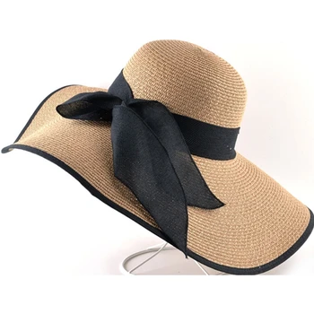 De ala ancha Panamá sombrero de paja de la primavera y el verano de las señoras sombrero de sol de viaje al aire libre a prueba de viento de la playa sombrero de las mujeres de gran tamaño borde de la cinta del sombrero