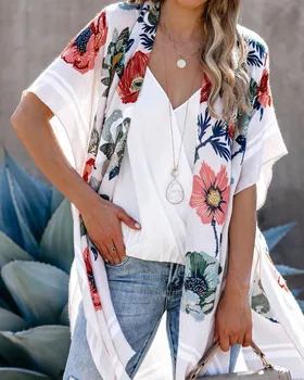 La Impresión De Las Mujeres De Gasa Playa Kimono Largo Cardigan Blusa Chal Suelto Outwear Tops