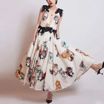 2021 verano nuevo diseño de vestido de animal gato impreso mujeres maxi sin mangas vestidos de flores 3D
