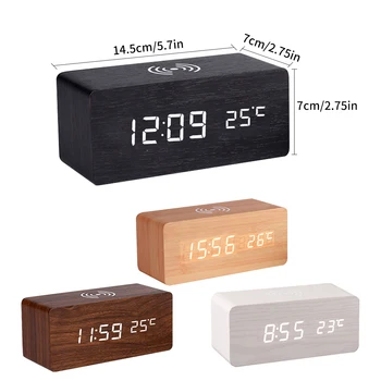 Reloj de alarma LED de Reloj de Madera de la Tabla de Control de Voz Digital de la Madera DespertadorWith Qi Wireless Charging Pad Electrónico de Escritorio Relojes