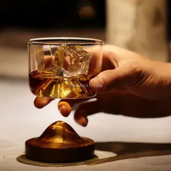 Old Fashioned Vaso de Whisky Irlandés Conjunto de Cristal de Montaña con Base de Madera Único Whisky Bourbon Whisky Amante