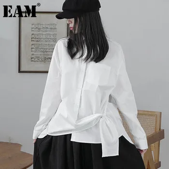 [EAM] las Mujeres Blancas de Gran Tamaño Irregular Bolsillo de la Blusa Nueva de la Solapa de Manga Larga Floja de la Camisa de Moda de la Marea de Primavera Otoño 2021 1DD7353