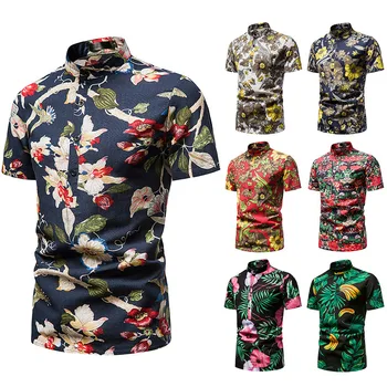 2021 nuevos de Hawai hombres casual de playa polo de manga corta de algodón y lino de la mitad-chaqueta étnica camisa de estilo chino de la camisa