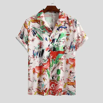 Mens Multi Color de la Acuarela de Graffiti de Impresión Camisa de Manga Corta de Turn-down Collar de Streetwear Chic Suelto Mens Camisas Hawaianas