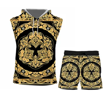 IFPD Barroco Estilo de Corte de mangas Y pantalones Cortos de los Hombres del Conjunto de Impresos en 3d de la Corona de Oro de la Flor de Lujo de Chándal de Mujer 2-PCS se Adapte a