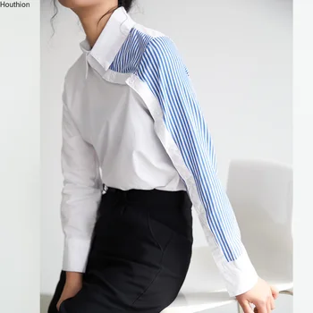 Blusas de las mujeres de la Moda Tops de Costura Rayas de la Camisa de Polo Camisas Casuales de Color Sólido Blusa de Manga Larga Superior coreano de Verano Nueva