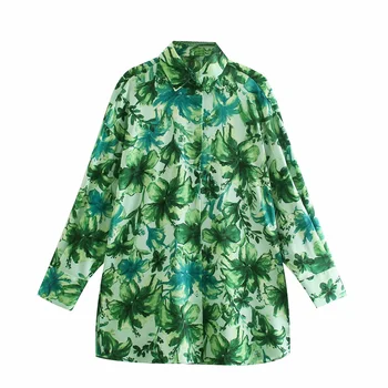 Mujer 2021 Verano Casual Verde de Impresión Camisa Za de la Moda de la Solapa de un Solo pecho de la Camisa de Manga Larga Suelta de Gran Tamaño Elegante Camisa Floral