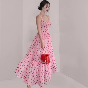 Moda Sexy Pink Polka Dot Verano Vestido Maxi De Las Mujeres Dulces Lindo Espaguetis Correa Larga Camisola De Vestidos De Vestidos Femeninos Nuevo Chic