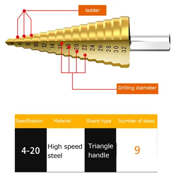 HSS Titanio Recubierto de Paso Broca de Perforación de Alimentación de las Herramientas de Metal de Acero de Alta Velocidad de la Madera Agujero Cortador de Paso de Cono de la Broca de 4-20MM