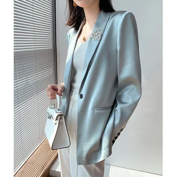 De lujo chaqueta azul para mujer primavera verano 2021 señora de la oficina de un botón suelto delgada acético raso de la chaqueta de la ropa de moda