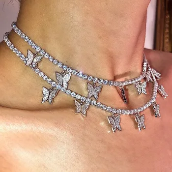 Brillantes Perlas de Cristal de la Cadena de Grandes de la Mariposa Colgante de Collar de las Mujeres Bling Rhinestone Parte de la Boda de Gargantilla Collar de la Joyería