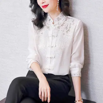 La imitación de seda de la camisa de mujer de manga larga, bordado Chino pequeña camisa de 2021 nueva moda de Hangzhou blusa de seda de imitación