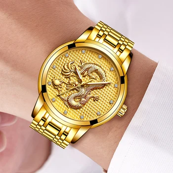 LIGE Hombres Nuevos Relojes de la Marca Superior de Lujo de Oro de la Escultura del Dragón Reloj de Cuarzo de los Hombres Llenos de Acero Impermeable reloj de Pulsera Relogio Masculino