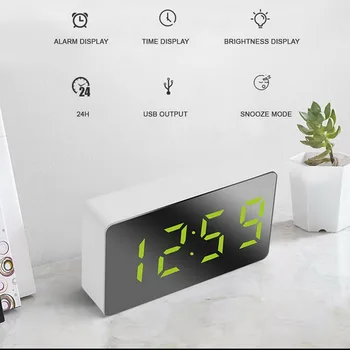 Espejo del LED Digital MINI Reloj de Alarma Snooze Tabla Reloj despertador Silencio Calendario Electrónico Regulable de Escritorio Relojes de la Decoración del Hogar
