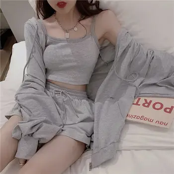 Loungewear Mujeres 3 Piezas de Verano ropa de dormir de los Conjuntos De Pijama de Dormir Trajes con pantalones Cortos Casa de Desgaste Roomware 2020