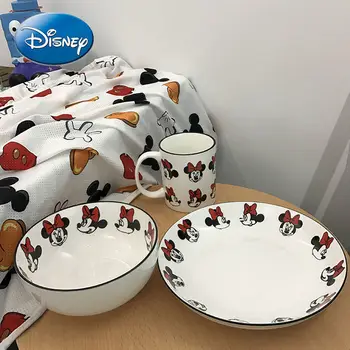 Disney Ensalada Agua de la taza Taza con Plato de Porcelana Vajilla 3PCS de Mickey Mouse Minnie Conjunto de Cubiertos Par Hogar Tazón de fuente de Cerámica Set