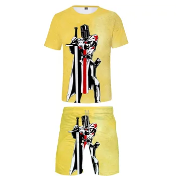 Nueva 3D caballeros Templarios T-shirt y pantalones cortos de playa pantalones de los trajes de los Hombres/de las Mujeres de Verano Traje Caliente de Caballero de la Cruz de Marca de los Hombres de la Ropa Blanca