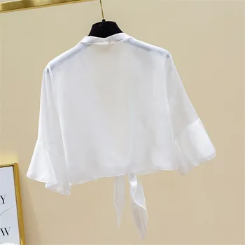 2021 Verano Protector Solar Ropa Kimono Cardigan Mujeres Negro Blanco De Gasa Blusa Coreano De La Moda De Encaje De Cintura Casual Recortar La Parte Superior