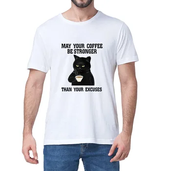 Gato negro Puede que Su Café Sea más Fuerte Que Tus Excusas Vintage de Verano de los Hombres Algodón de manga Corta T-Shirt Humor Regalo Camiseta