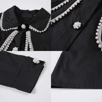 Getspring las Mujeres Blusa Camisa de la Perla de Mosaico de Manga Larga de la Vendimia de las Mujeres Blusa de Blanco y Negro Suelto Casual Femenina Blusas 2021 Nuevo
