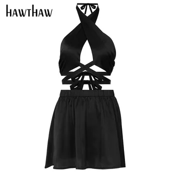 Hawthaw Mujeres Verano Sexy Halter Cultivo De Las Tapas Del Tanque Mini Falda De Parte Del Club Negro Conjunto De Dos Piezas 2021 Femenina Ropa Streetwear
