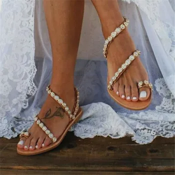 2020 SHENG Verano Zapatos de Mujer Sandalias de Gladiador de las Mujeres Zapatos Planos de la Moda Weet Flores Boho de Playa, Sandalias de las Señoras de Más el Tamaño de 44