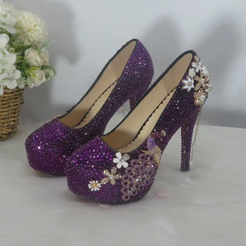 BaoYaFang Púrpura de cristal de Novia de las Mujeres de la boda zapatos de Novia zapatos de tacón alto zapatos de Plataforma de mujer vestido de fiesta zapatos de mujer de alta Bombas