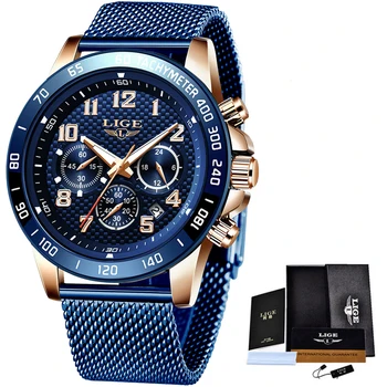LIGE para Hombre de la Moda de los Relojes de la Marca Superior de Lujo reloj de Pulsera de Reloj de Cuarzo Reloj Azul Impermeable de los Hombres del Deporte del Cronógrafo Relogio Masculino