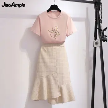 2021 Verano coreano Dulce de color Rosa de la camiseta de Faldas, Traje de las Mujeres de la Moda de Asimetría Vestido de las Niñas de Ocio O-Cuello de Manga Corta de Conjunto de Ropa de