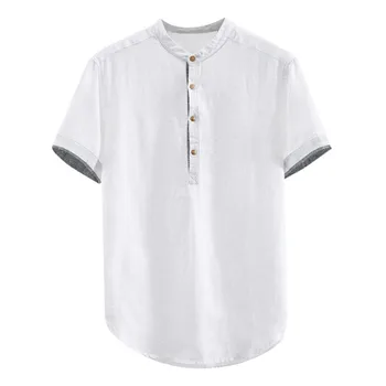 Hombres Camisas Holgadas Sólido de Algodón de Lino de Manga Corta Botón de Pie Plus Tamaño de la Camisa Tops Blusa de Ajuste de la Moda de Impresión de Camisetas Para los Hombres