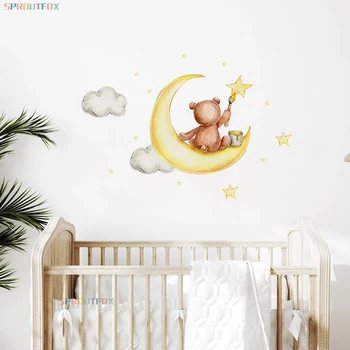 Animales lindos vinilos decorativos para Habitaciones de los Niños Oso Dibujar Estrellas de la Luna Pegatina de Bebé Niño Dormitorio Vivero Decoración del Hogar