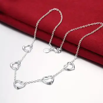 AGLOVER de la Plata Esterlina 925 de 18 Pulgadas Cadena de Vínculo de 5 Corazón Colgante de Collar De Mujer de Moda de Boda de la Joyería de Regalo