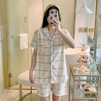 Las mujeres Plaid Pijama de Verano de la Primavera Tops de Manga Corta + Cortos Traje Casual Suelto Casa de Desgaste de Dormir para Damas