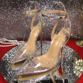Transparente Punta Alta-Zapatos de tacón De 2021 Verano Nueva Línea Con baotou con un presupuesto fijo Delgada Talón de la Moda de Diamantes de Sandalias Zapatos de Mujer