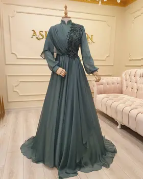 Gasa Apliques con Cuentas de Manga Larga Musulmán Vestido de Cuello Alto Pliegues Arabia árabe Noche de Fiesta Formal Vestidos de платье 2021