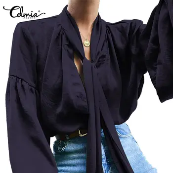 Celmia 2021 Las Mujeres De La Moda Camisetas Casual Sólido Blusas Corbata De Moño Elegante Túnica Tops Sueltos Parte Blusas Femininas