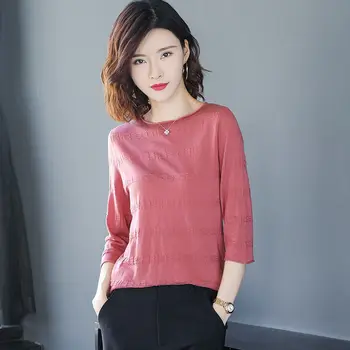 Sólido O-cuello de Tres Cuartos de camiseta de las Mujeres de la Moda chic suelto casual Plus Tamaño 4XL Camiseta de las señoras de regular coreana de la primavera rosa tops