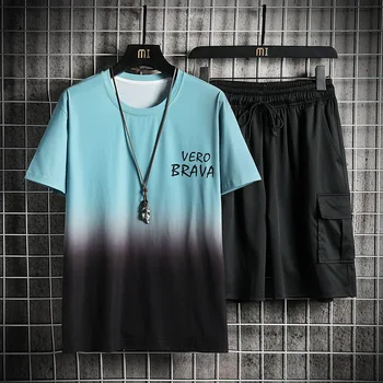 De verano de la Carta de pantalones Cortos para Hombres de los Deportes Traje Impreso Casual O-cuello Transpirable Verano camiseta de Correr de Fitness de la Moda de los Conjuntos de Ropa