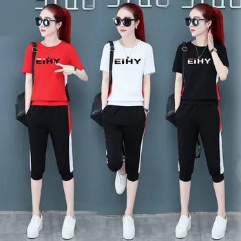 Las mujeres del Verano de la Moda de 2021 Nuevo coreano de Manga Corta Ropa de Ocio ropa Deportiva camisetas de Becerro-Pantalones de longitud Set de Dos piezas